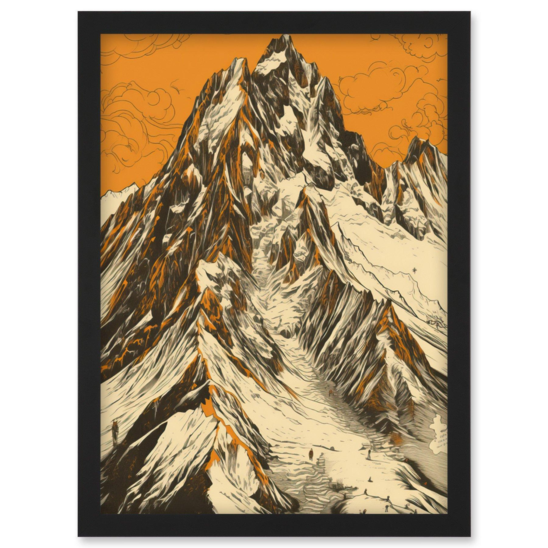 K2 Mountain Peak Summit Climbers White and Orange Artwork Framed Wall Art Print A4 - image 1