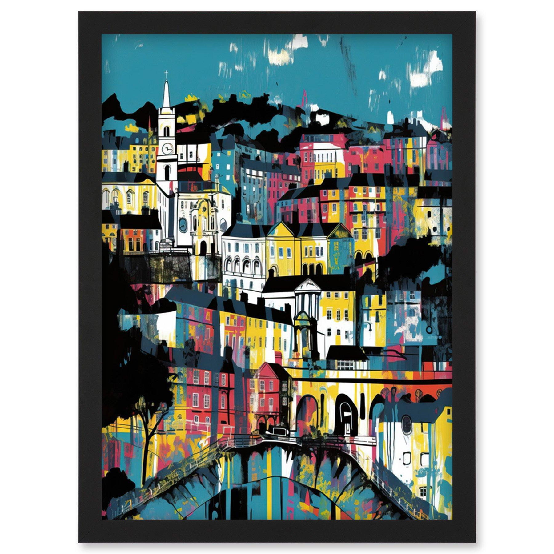 Modern Vertical Cityscape in Blue Pink and Yellow Artwork Framed Wall Art Print A4 - image 1