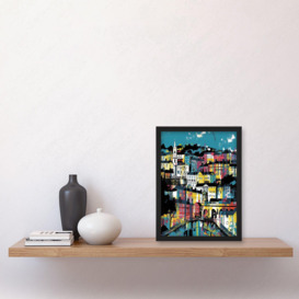 Modern Vertical Cityscape in Blue Pink and Yellow Artwork Framed Wall Art Print A4 - thumbnail 3