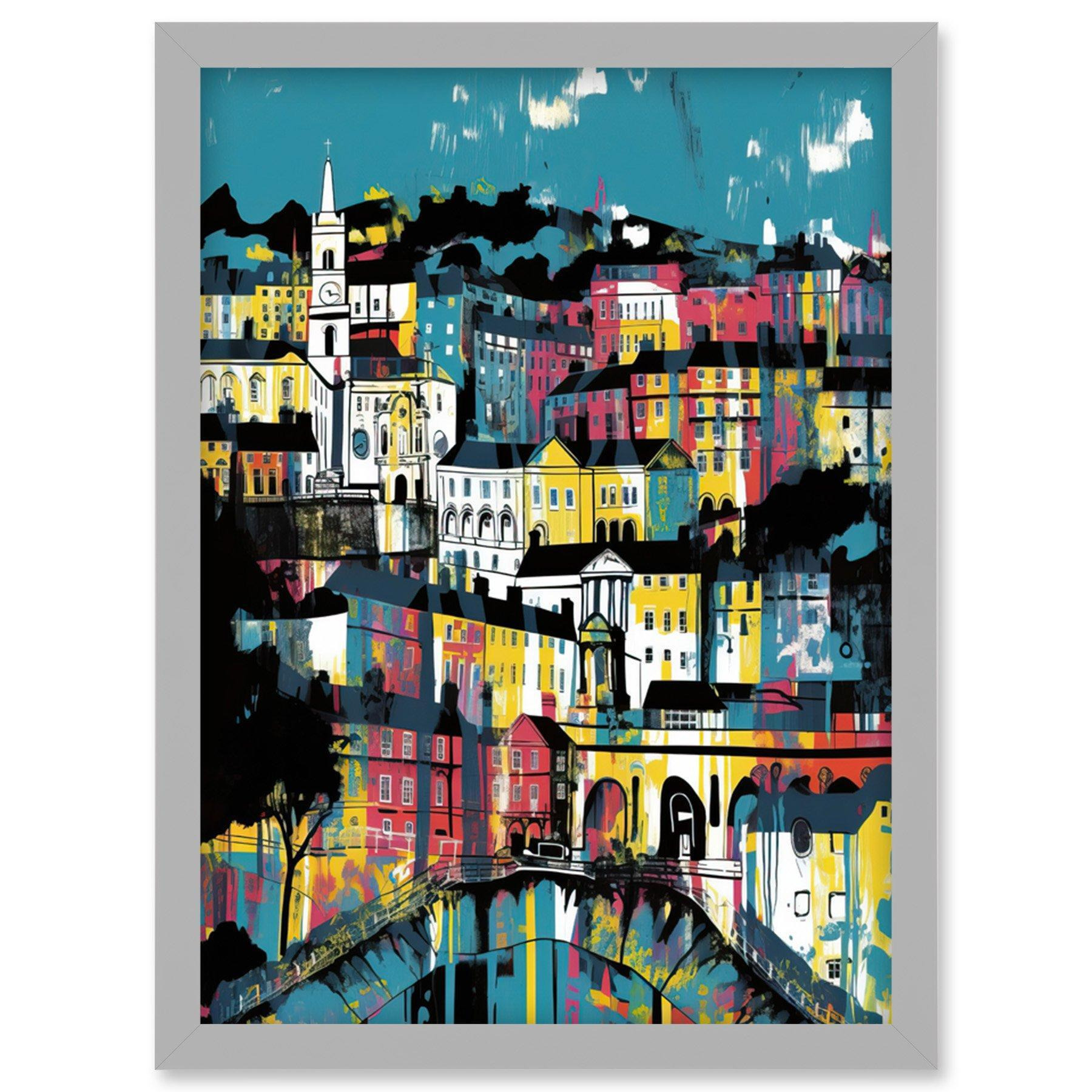 Modern Vertical Cityscape in Blue Pink and Yellow Artwork Framed Wall Art Print A4 - image 1
