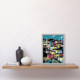 Modern Vertical Cityscape in Blue Pink and Yellow Artwork Framed Wall Art Print A4 - thumbnail 2