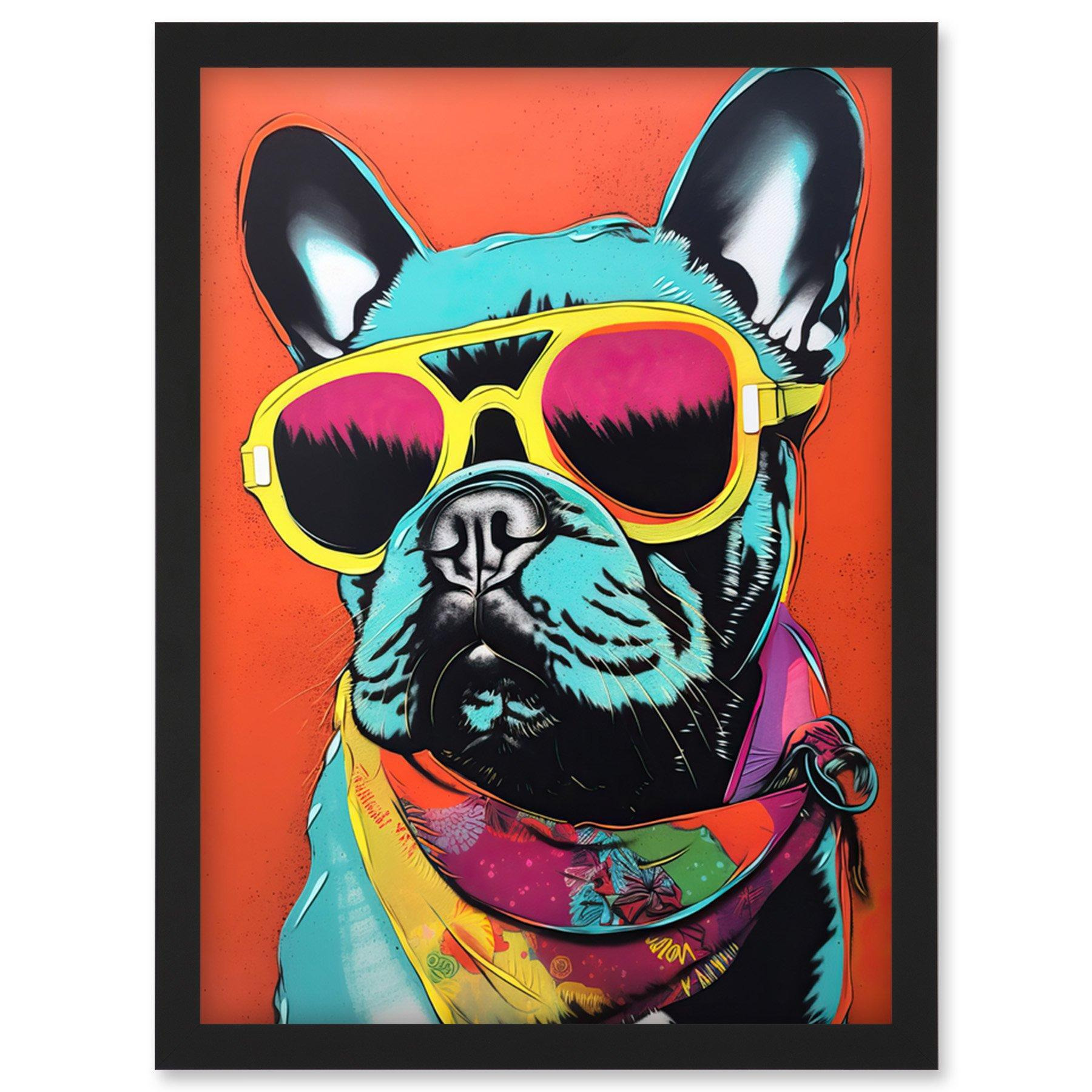 French Bulldog Wearing Sunglasses and Bandana Artwork Framed Wall Art Print A4 - image 1