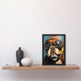 Bulldog with Retro Motorcycle Goggles and Helmet Artwork Framed Wall Art Print A4 - thumbnail 2