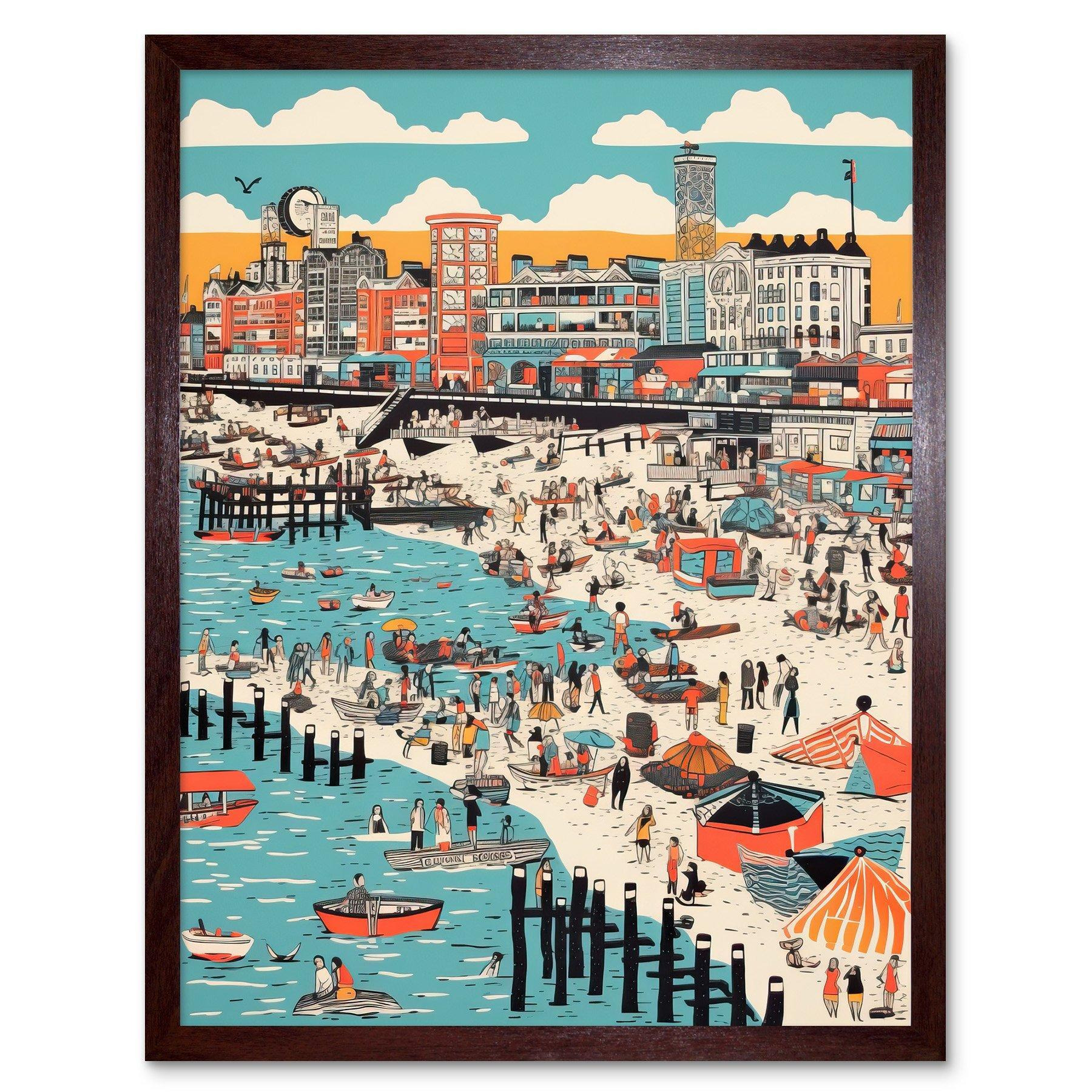 Brighton Beach Warm Summer Day Colourful Scene Art Print Framed Poster Wall Decor 12x16 inch - image 1