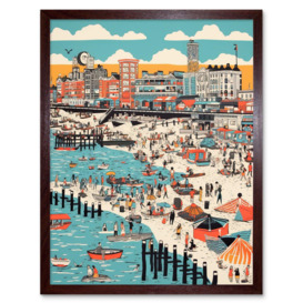 Brighton Beach Warm Summer Day Colourful Scene Art Print Framed Poster Wall Decor 12x16 inch