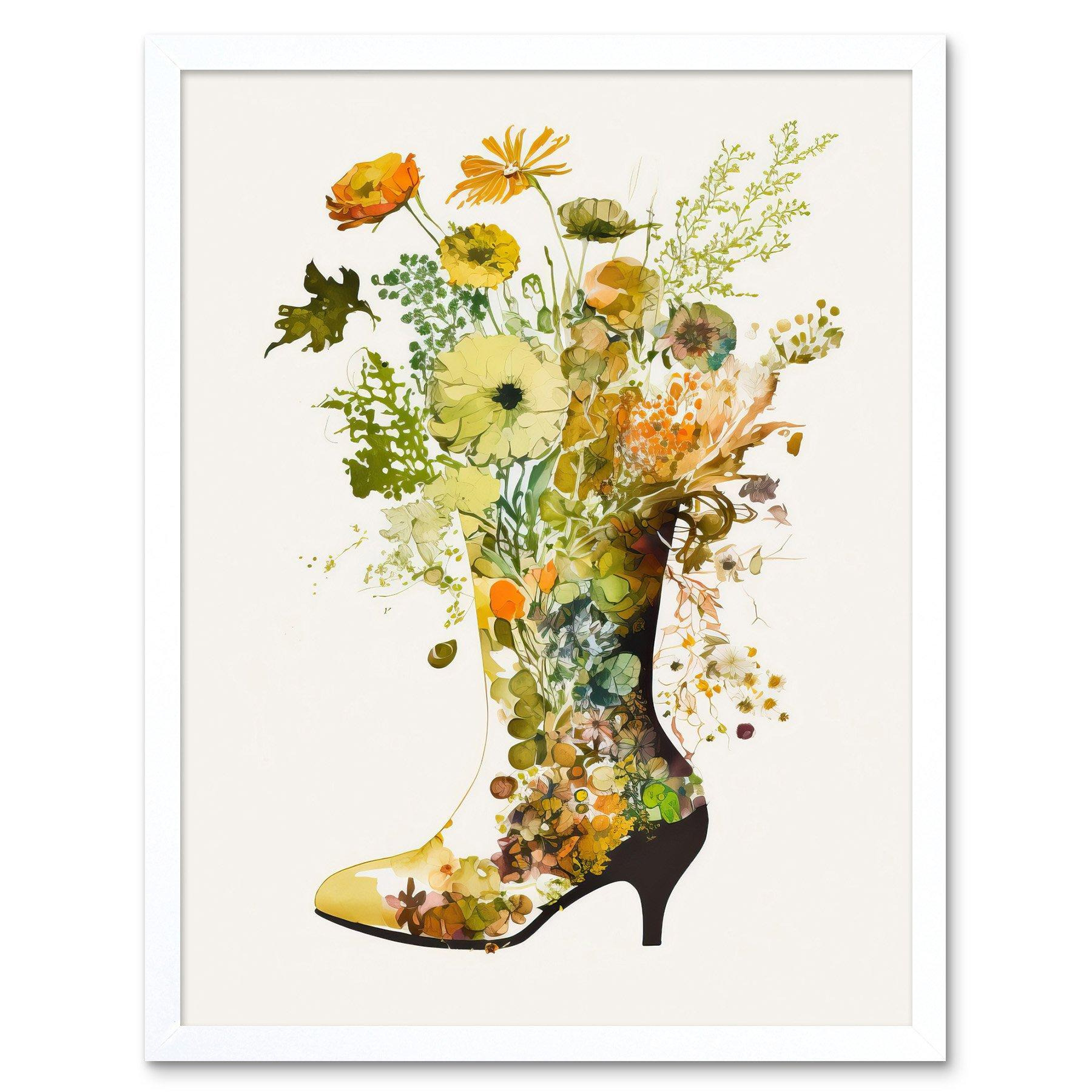 Wildflower Bouquet in High Heel Boot Glass Vase Art Print Framed Poster Wall Decor 12x16 inch - image 1