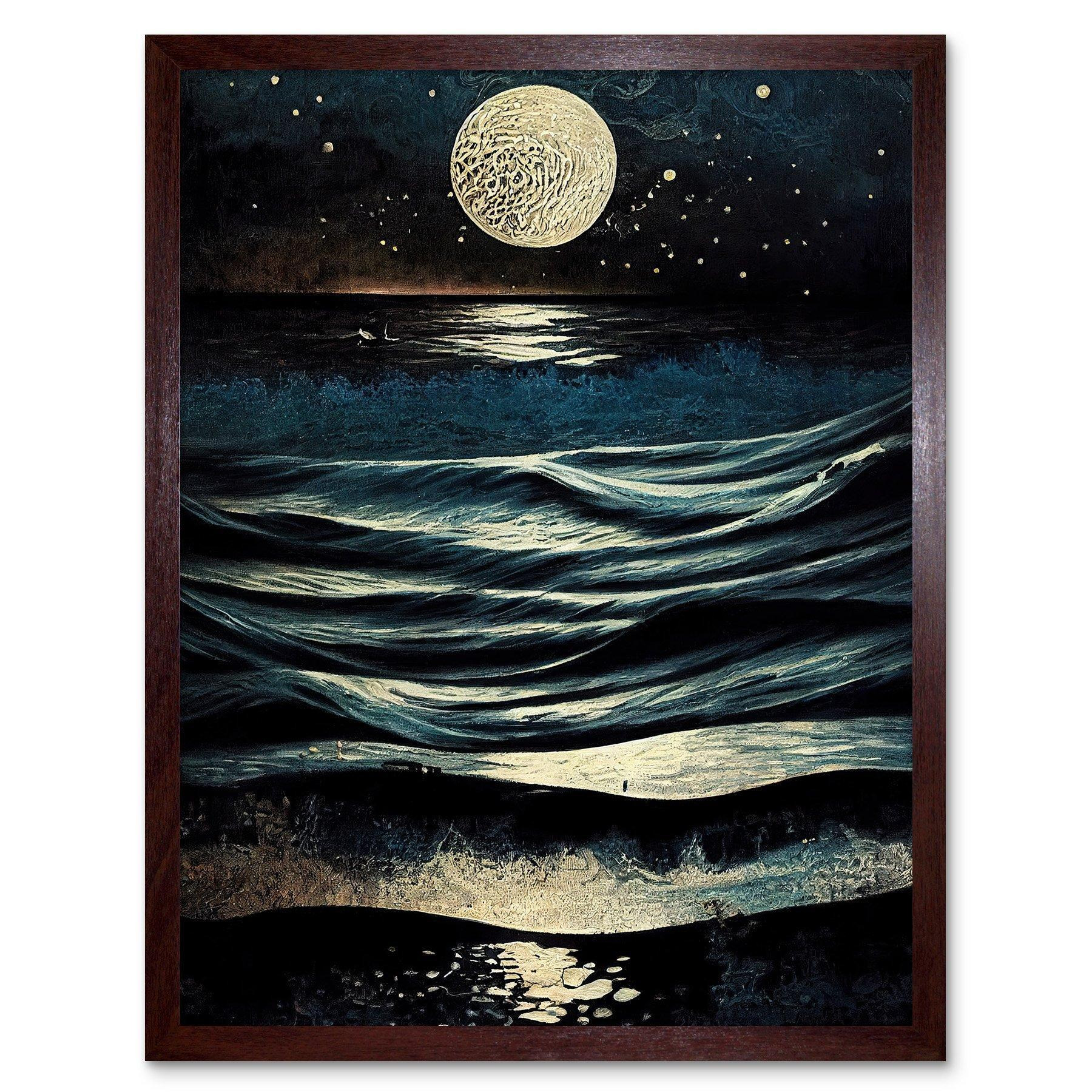Full Moon Rising Over Clear Night Sky Tidal Waves Art Print Framed Poster Wall Decor 12x16 inch - image 1