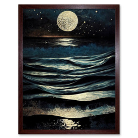 Full Moon Rising Over Clear Night Sky Tidal Waves Art Print Framed Poster Wall Decor 12x16 inch - thumbnail 1