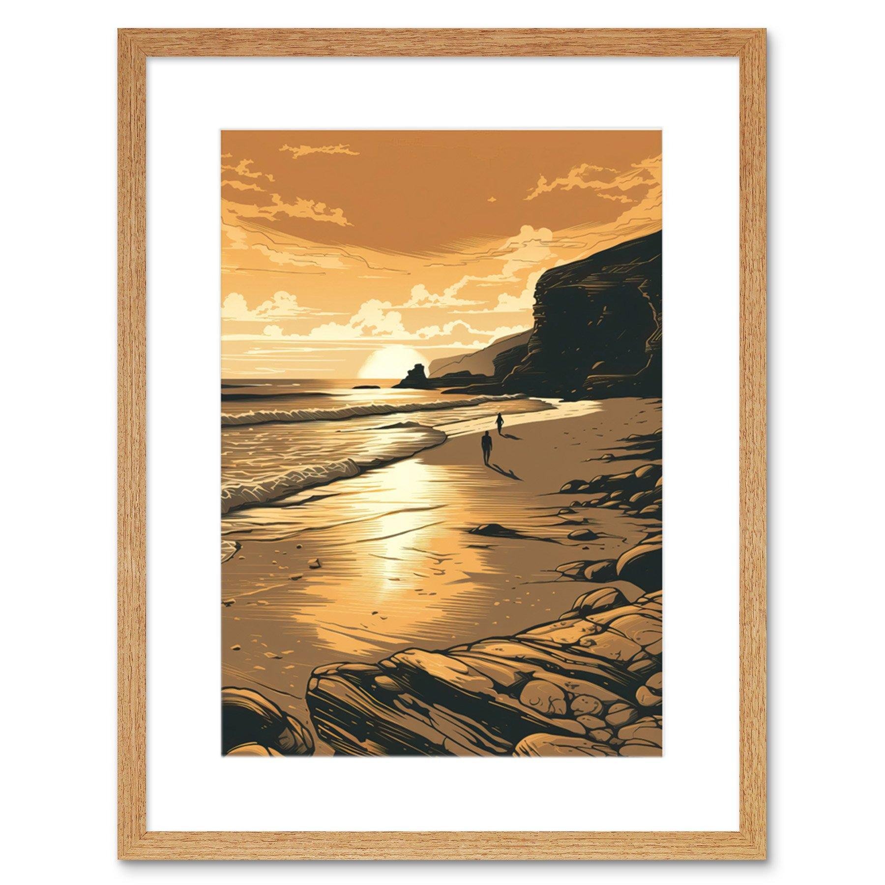 Couple walking on the Beach at Sunset Illustration Artwork Framed Wall Art Print 9X7 Inch - image 1