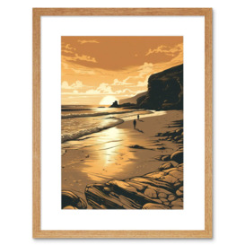 Couple walking on the Beach at Sunset Illustration Artwork Framed Wall Art Print 9X7 Inch