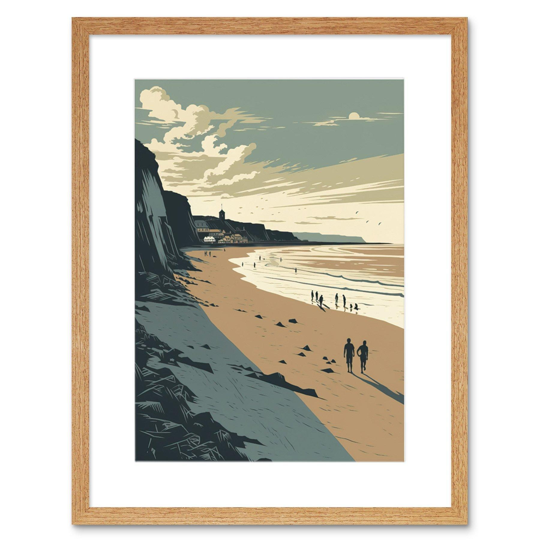 People Walking on Filey Beach Coastal Illustration Artwork Framed Wall Art Print 9X7 Inch - image 1