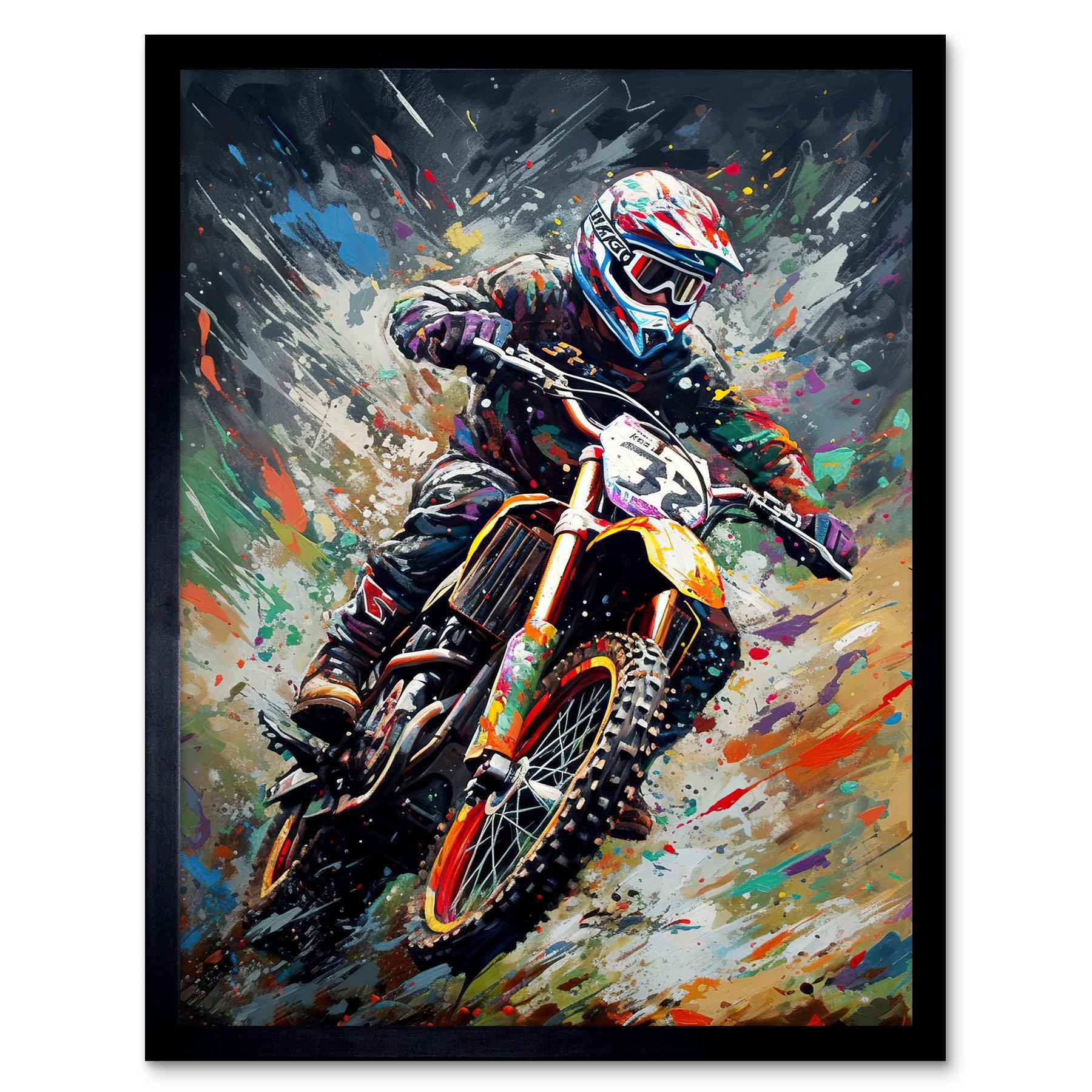 Wall Art Print Motocross Race Action Shot Paint Splat Portrait Art Framed - image 1