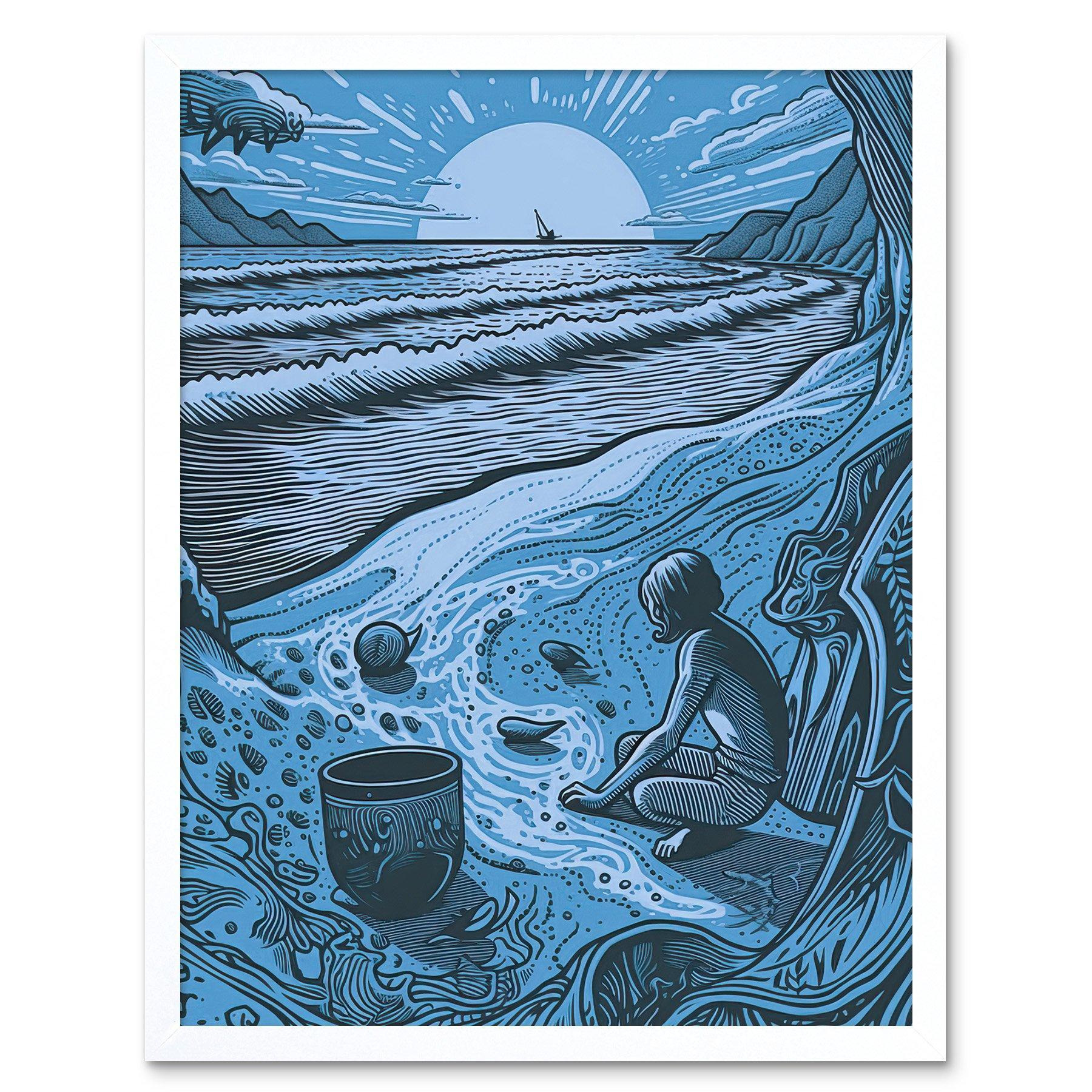 Beachcombing Coastal Landscape Blue Illustration Art Print Framed Poster Wall Decor 12x16 inch - image 1