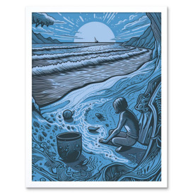Beachcombing Coastal Landscape Blue Illustration Art Print Framed Poster Wall Decor 12x16 inch