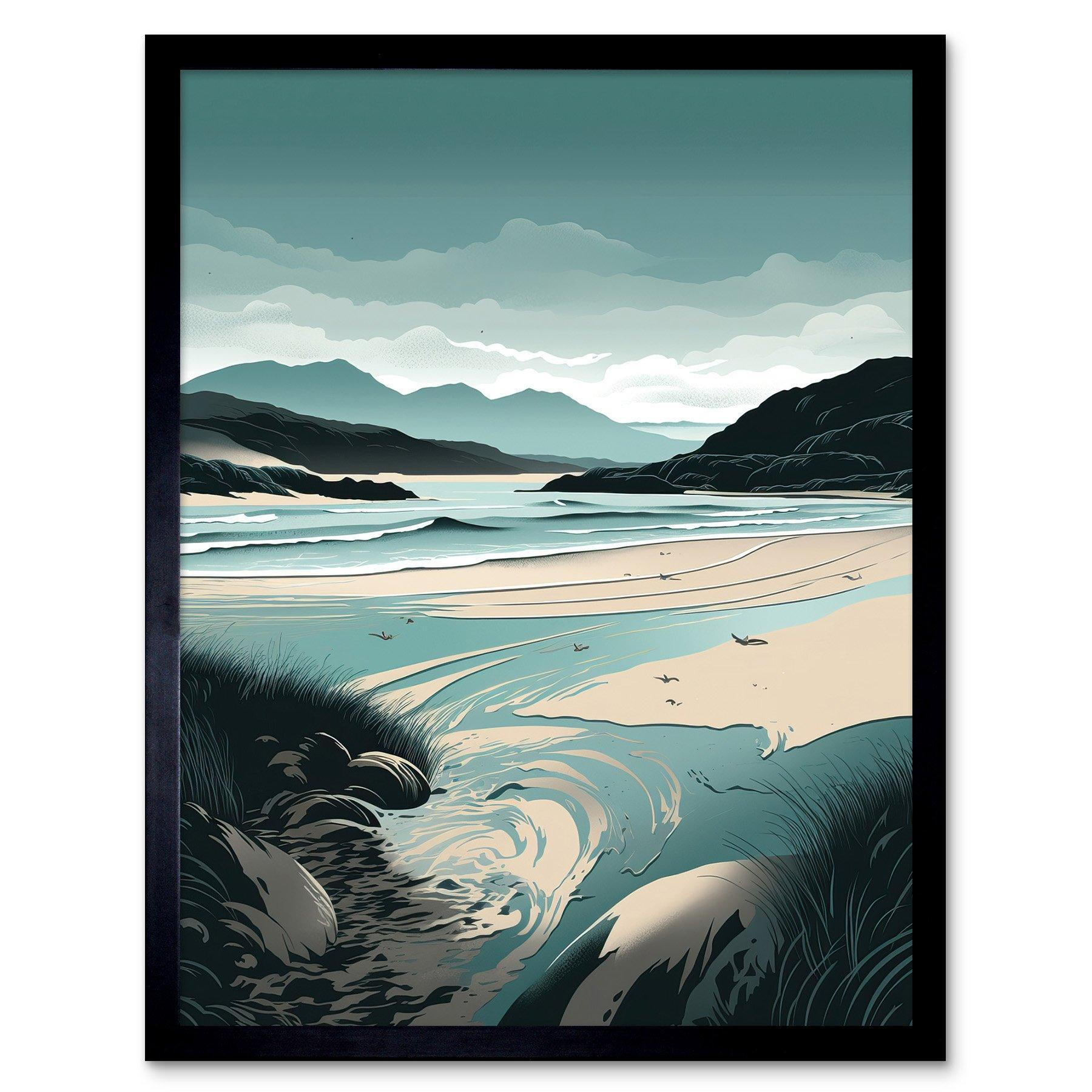 Luskentyre Sands Coastal Landscape Illustration Art Print Framed Poster Wall Decor 12x16 inch - image 1