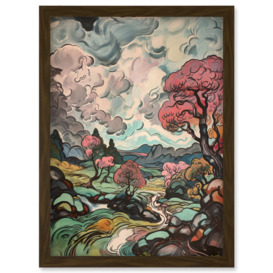 River Landscape with Pink Trees and Storm Clouds Artwork Framed Wall Art Print A4