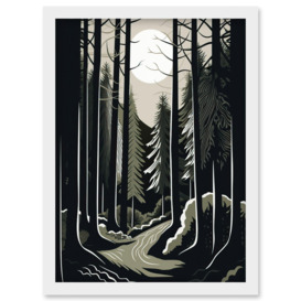 Full Moon Night at Pine Forest Landscape Linocut Artwork Framed Wall Art Print A4
