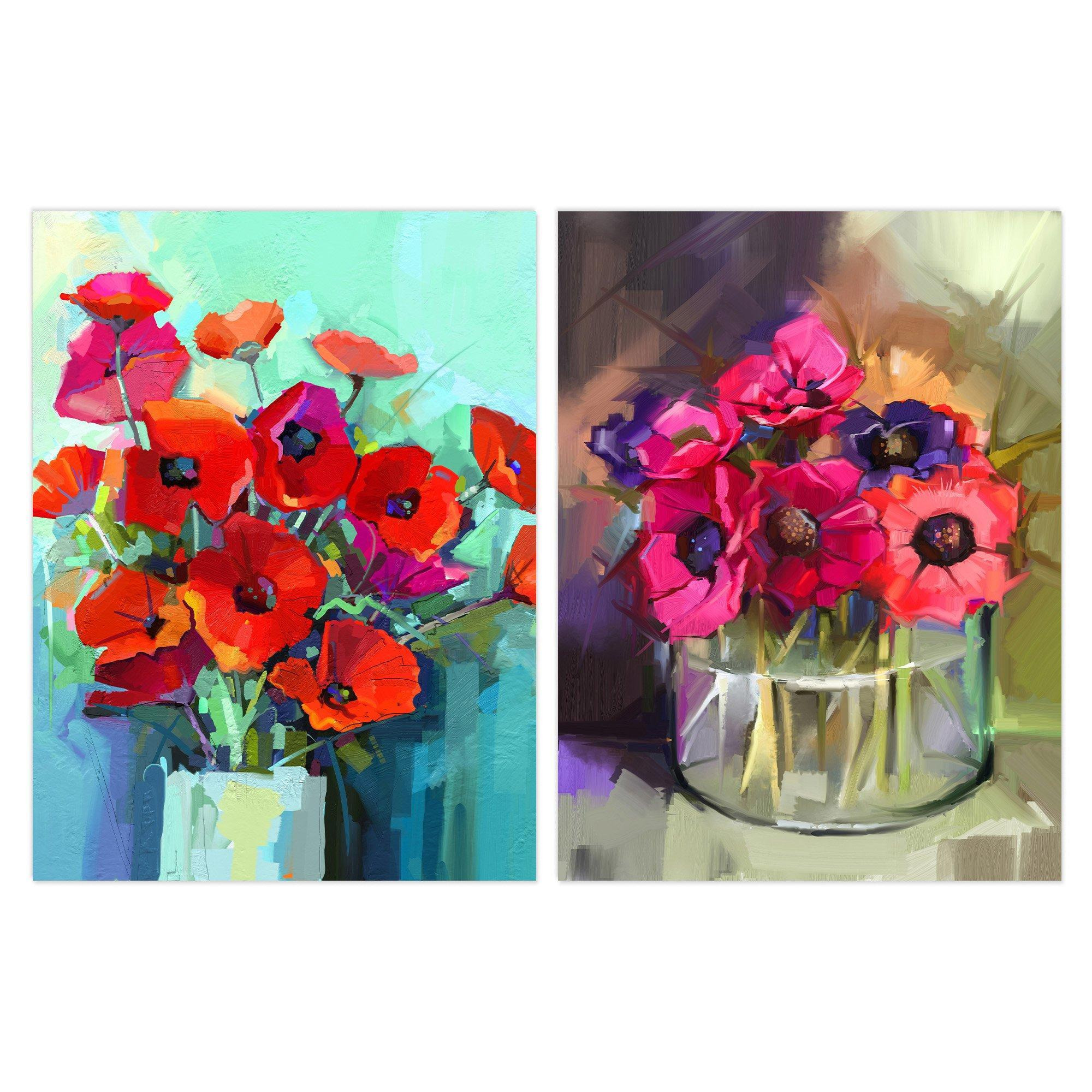 Pack of 2 Red and Purple Poppy Flowers Bouquet Vase Floral Botanical Oil Painting Unframed Wall Art Living Room Prints Set - image 1