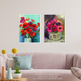 Pack of 2 Red and Purple Poppy Flowers Bouquet Vase Floral Botanical Oil Painting Unframed Wall Art Living Room Prints Set - thumbnail 2