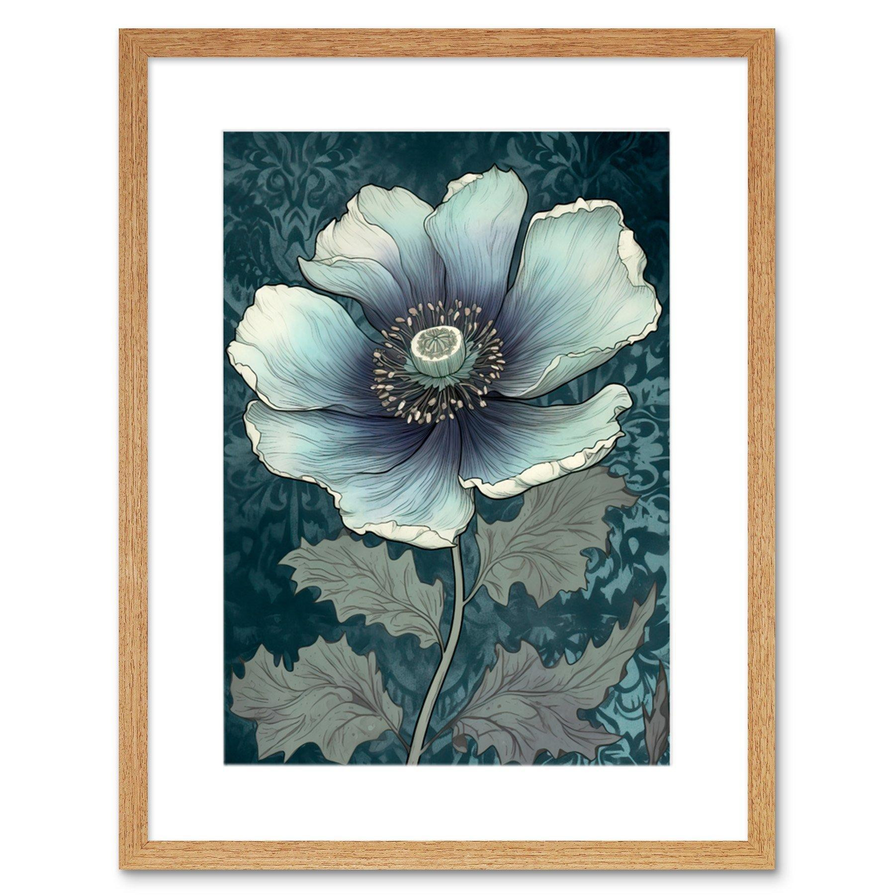 Wall Art Print Anemone Flower Bloom Teal Blue Watercolour Artwork Framed 9X7 Inch - image 1