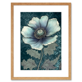Anemone Flower Bloom Teal Blue Watercolour Artwork Framed Wall Art Print 9X7 Inch