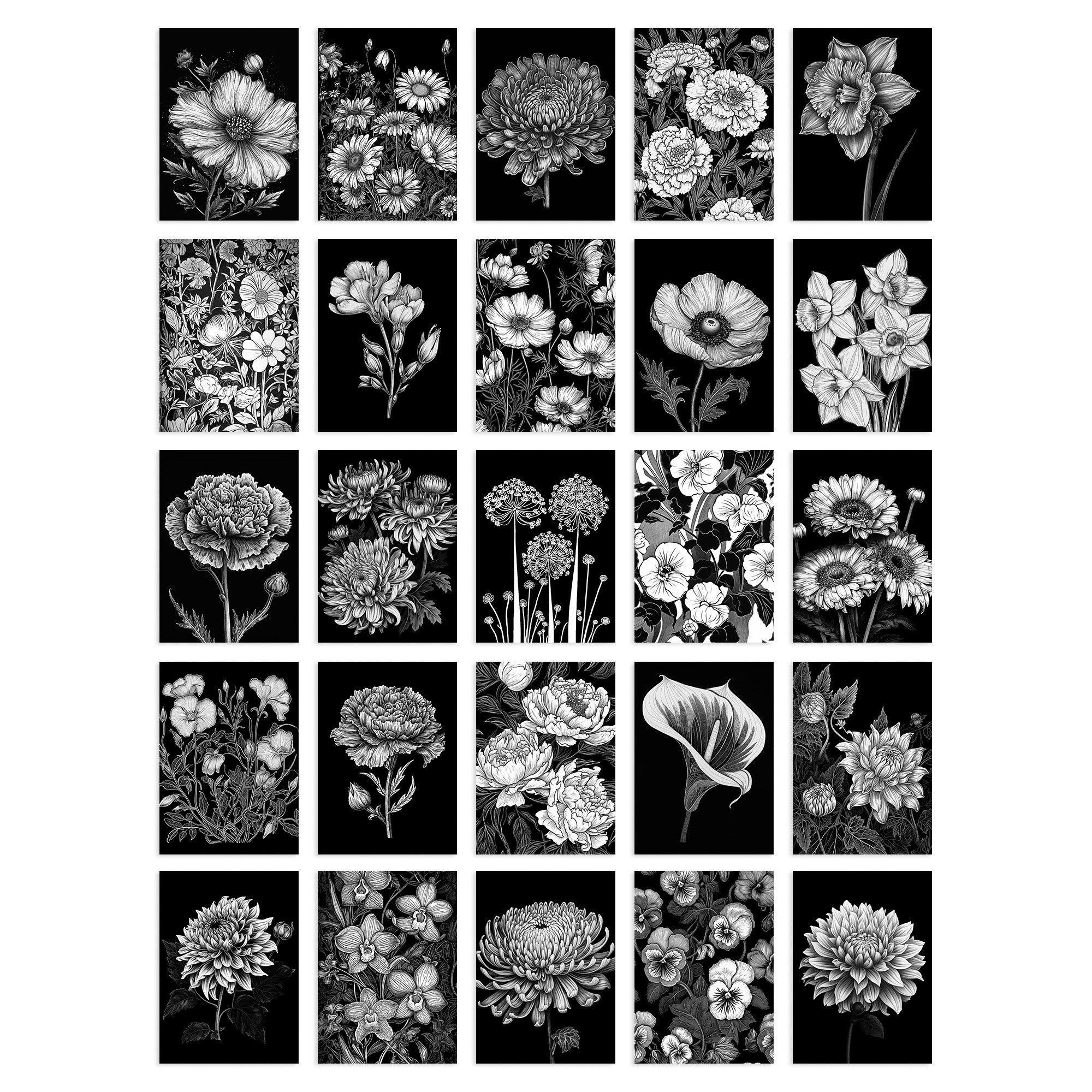 "50 Pcs Flower Floral Aesthetic Black White Collage Kit Unframed Wall Art Prints A6 Set Pack 15x10 cm (6x4"") Wall Home Student Boy Girl Teen Room Elegant" - image 1