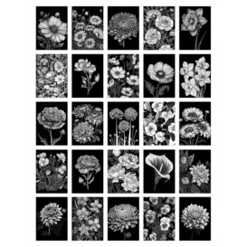 "Wall Art Print 50 Pcs Flower Floral Aesthetic Black White Collage Kit s A6 Set Pack 15x10 cm (6x4"") Wall Home Student Boy Girl Teen Room Elegant" - thumbnail 1