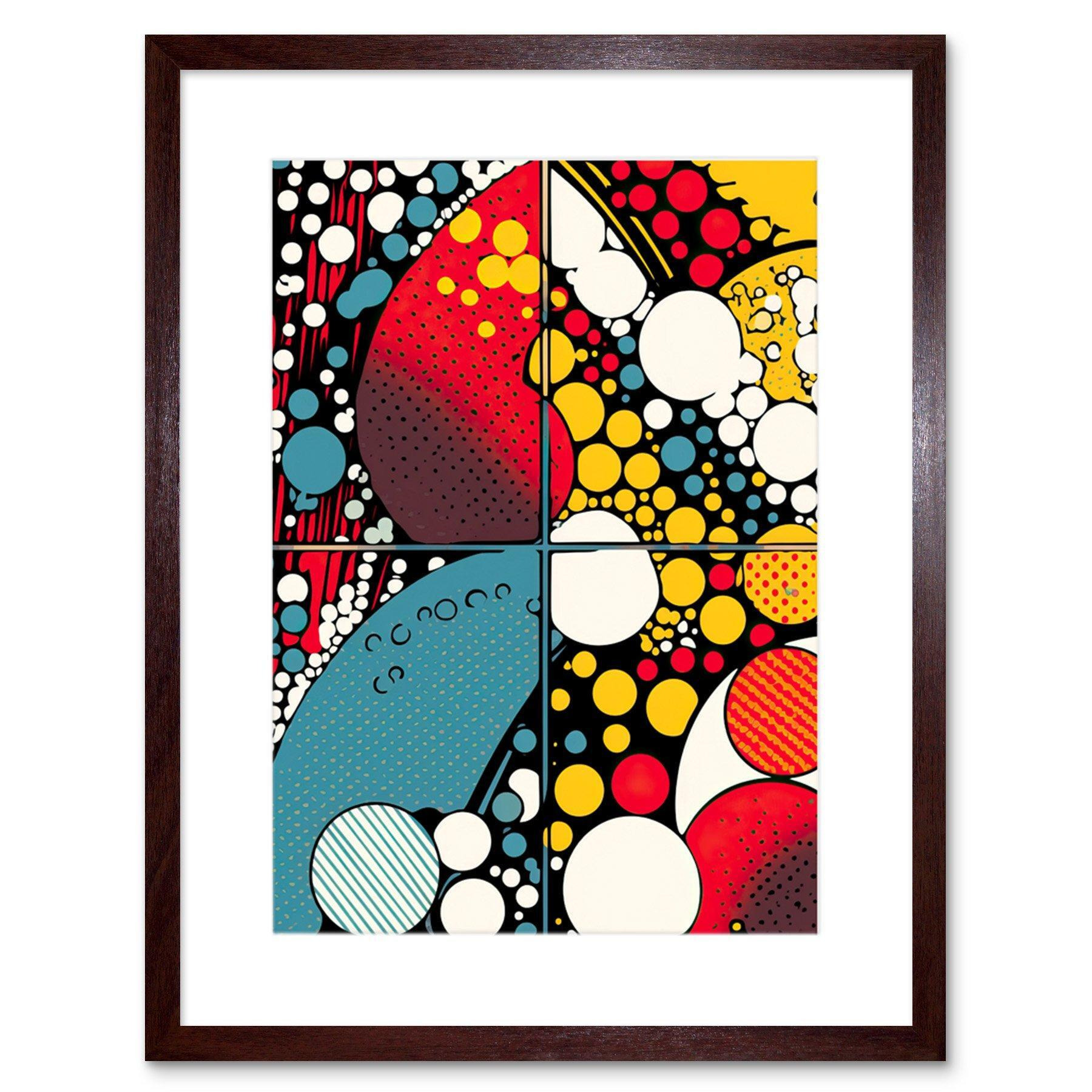 Abstract Geometric Patterns and Bubbles Comic Book Style Red Blue Yellow White Pop Art Halftone Artwork Framed Wall Art Print 9X7 Inch - image 1