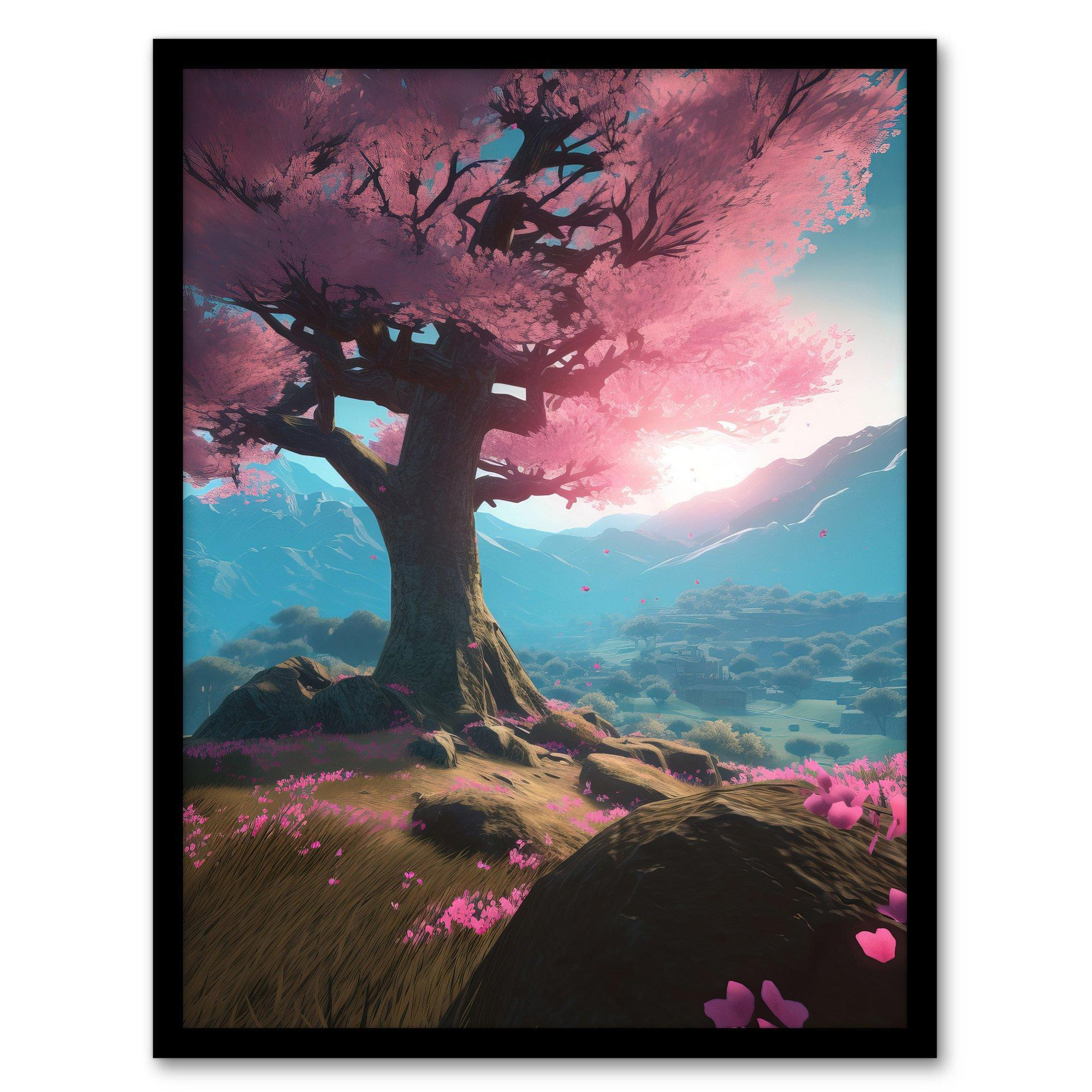 Lone Cherry Blossom Tree Blooming Painting Pink Blue Green Sunrise over Tranquil Forest Mountain Landscape Art Print Framed Poster Wall Decor - image 1