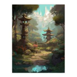 Wall Art Print Traditional Japan Garden Painting with Towers and Stone Lanterns Bright Lake Spring Landscape Poster