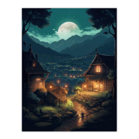 Wall Art Print Full Moon Over Traditional Chalet Houses in Peaceful Village Painting Mountainside Bright Lit Windows on Clear Moonlit Night Poster