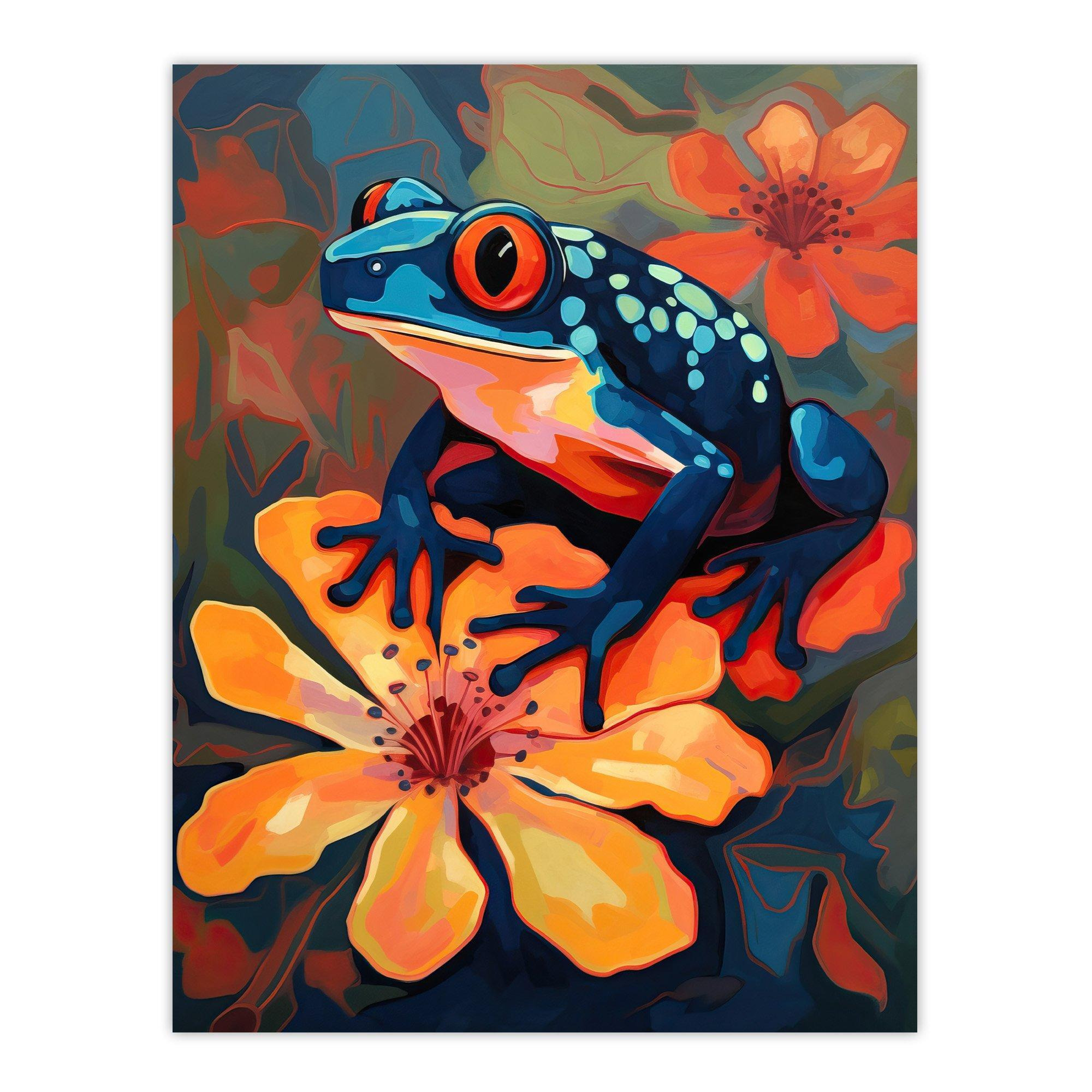 Tropical Blue Frog On Orange Flower Striking Oil Painting Amazon Jungle Large Wall Art Poster Print Thick Paper 18X24 Inch - image 1