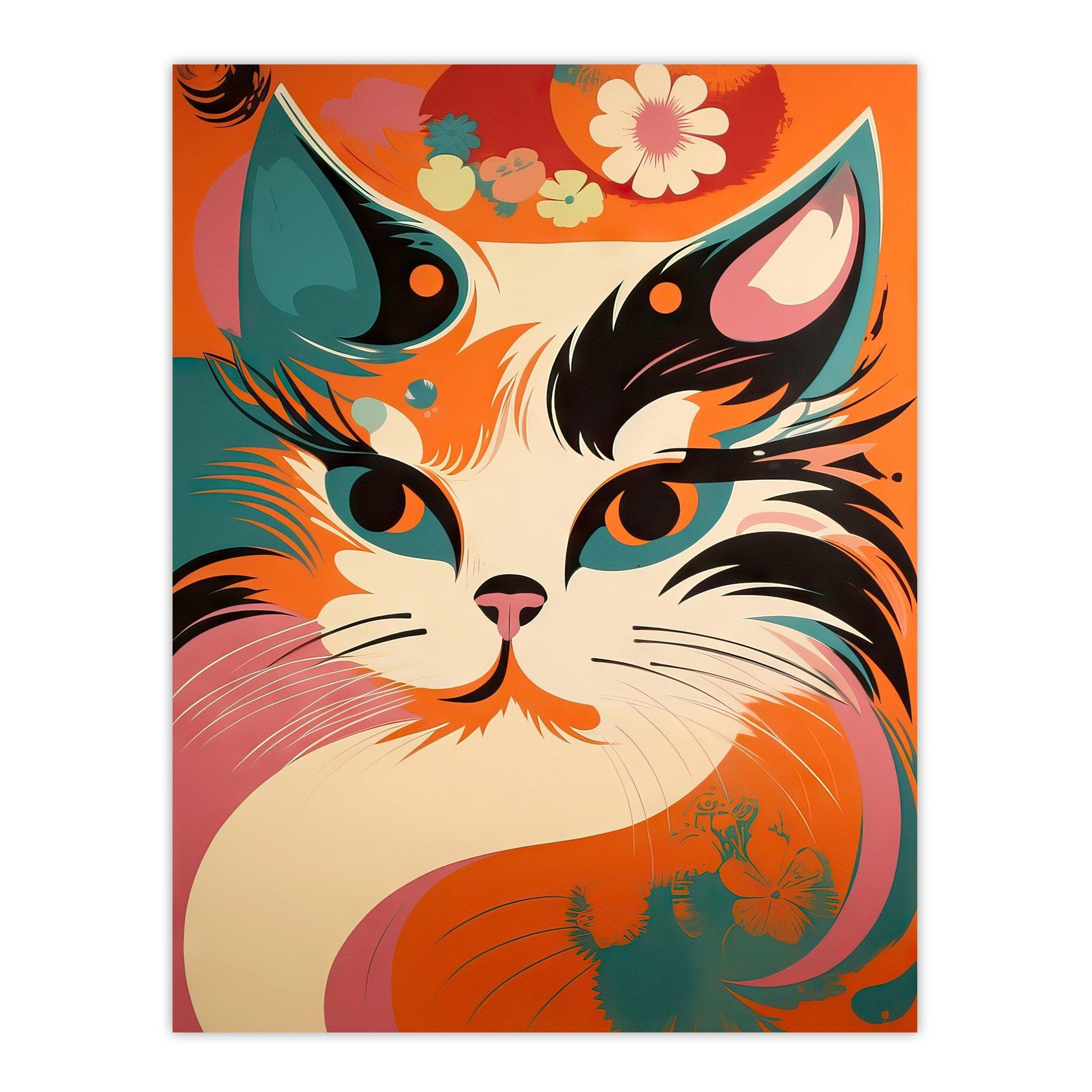 Wall Art Print Cat Graphic 1960s Painting Orange Blue Teal Pink Floral Retro Boho Animal Portrait Poster - image 1