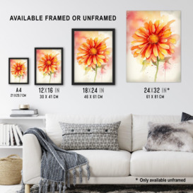 Wall Art Print A Single Gerbera Daisy Soft Watercolour Painting Pink Green Orange Spring Bloom Flower Nature Colourful Bright Floral Modern Artwork Poster - thumbnail 3