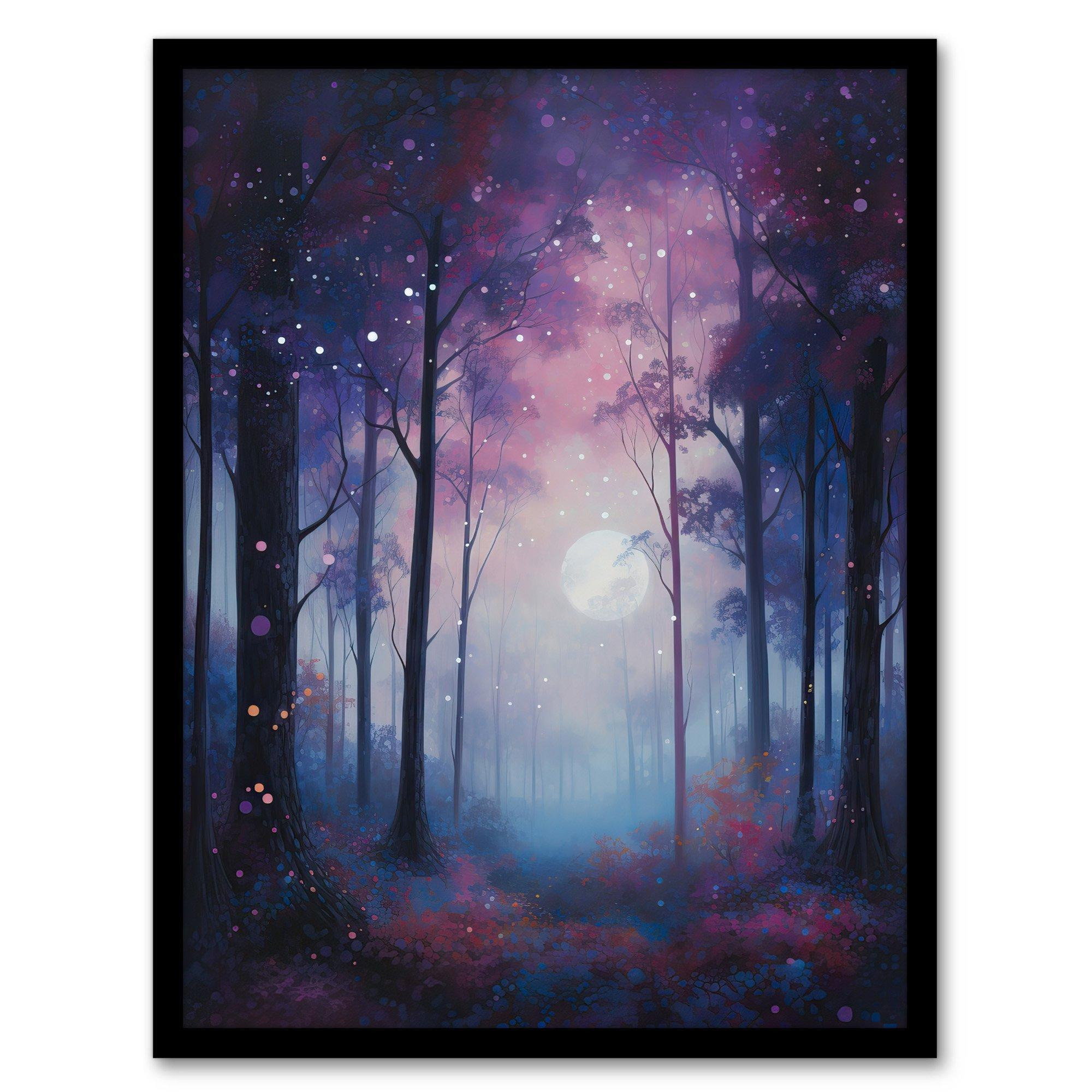 Enchanted Forest In Soft Moonlight Oil Painting Full Moon Fantasy Landscape With Fireflies Colourful Magical Nature Mystical Modern Art Print Framed Poster Wall Decor - image 1