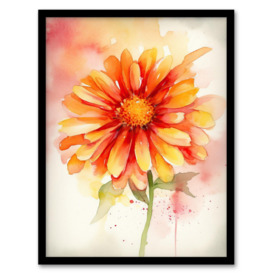 A Single Gerbera Daisy Soft Watercolour Painting Pink Green Orange Spring Bloom Flower Nature Colourful Bright Floral Modern Artwork Art Print Framed Poster Wall Decor
