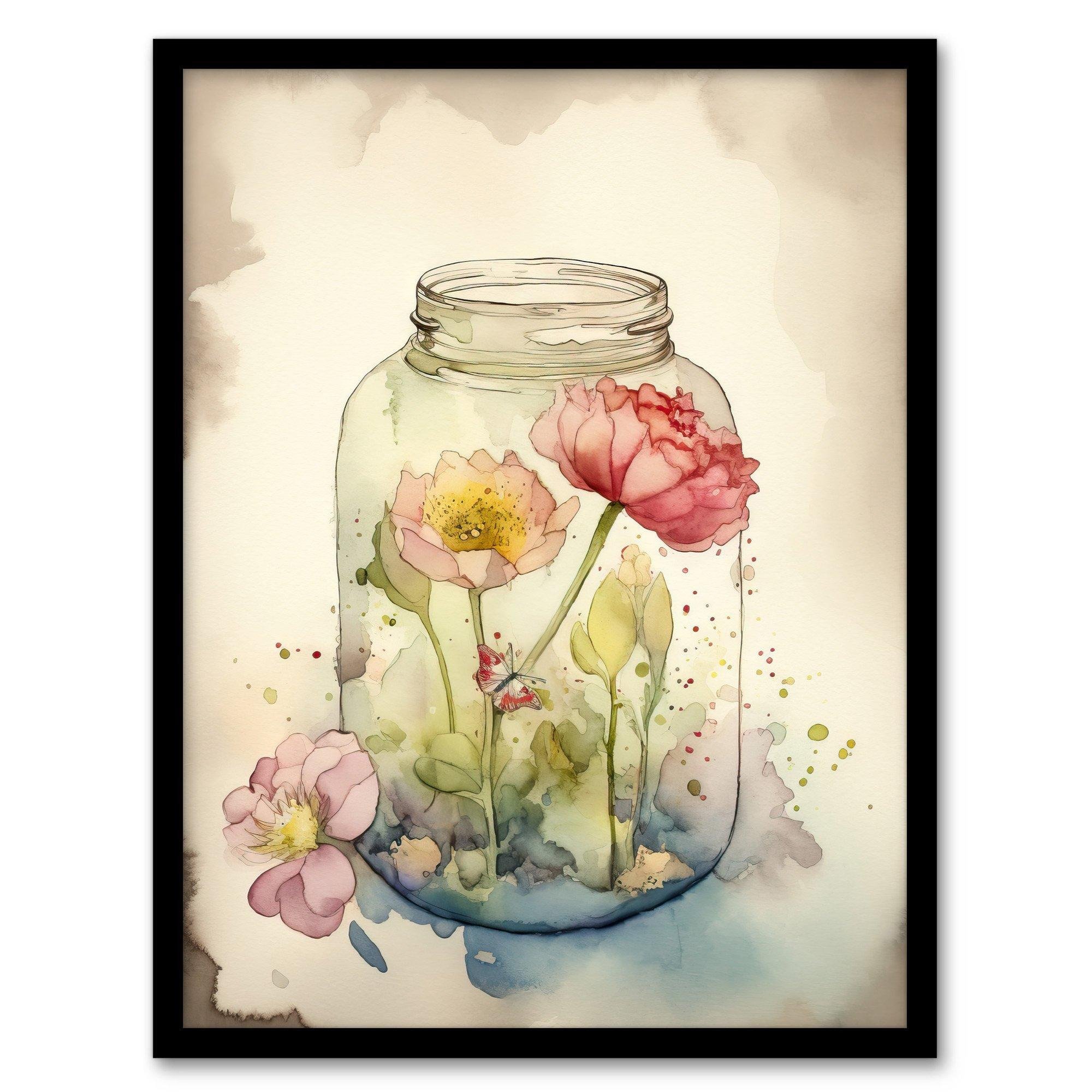 Wildflowers In Glass Jar Soft Watercolour Painting Pink Spring Flowers Blooms Nature Colourful Bright Floral Modern Artwork Art Print Framed Poster Wall Decor - image 1