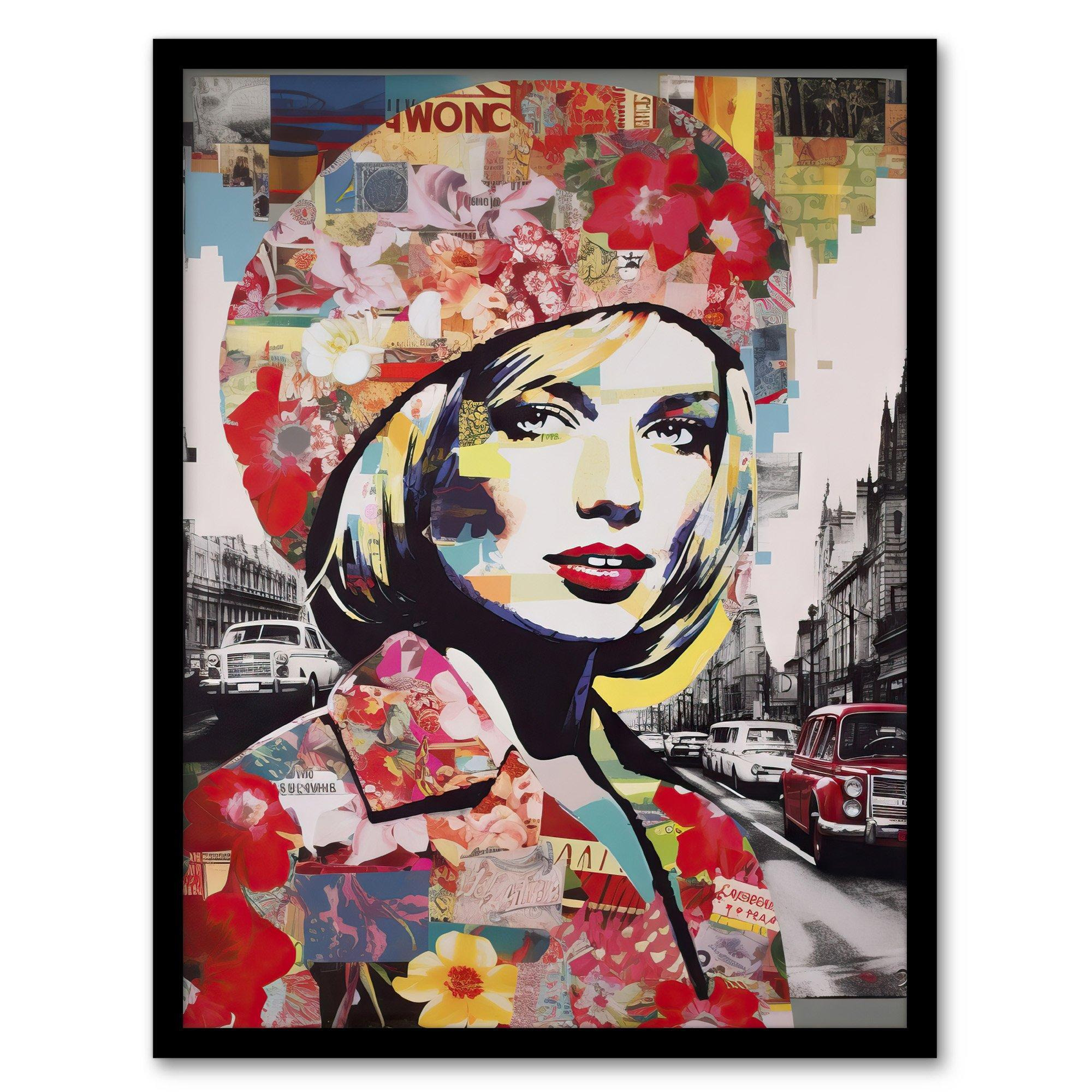 Wall Art Print London Floral Fashion Retro Advert Collage Artwork Woman Portrait In Busy Street Vibrant Colourful Bold Pop Art Modern Painting Art Framed - image 1