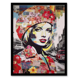 Wall Art Print London Floral Fashion Retro Advert Collage Artwork Woman Portrait In Busy Street Vibrant Colourful Bold Pop Art Modern Painting Art Framed - thumbnail 1