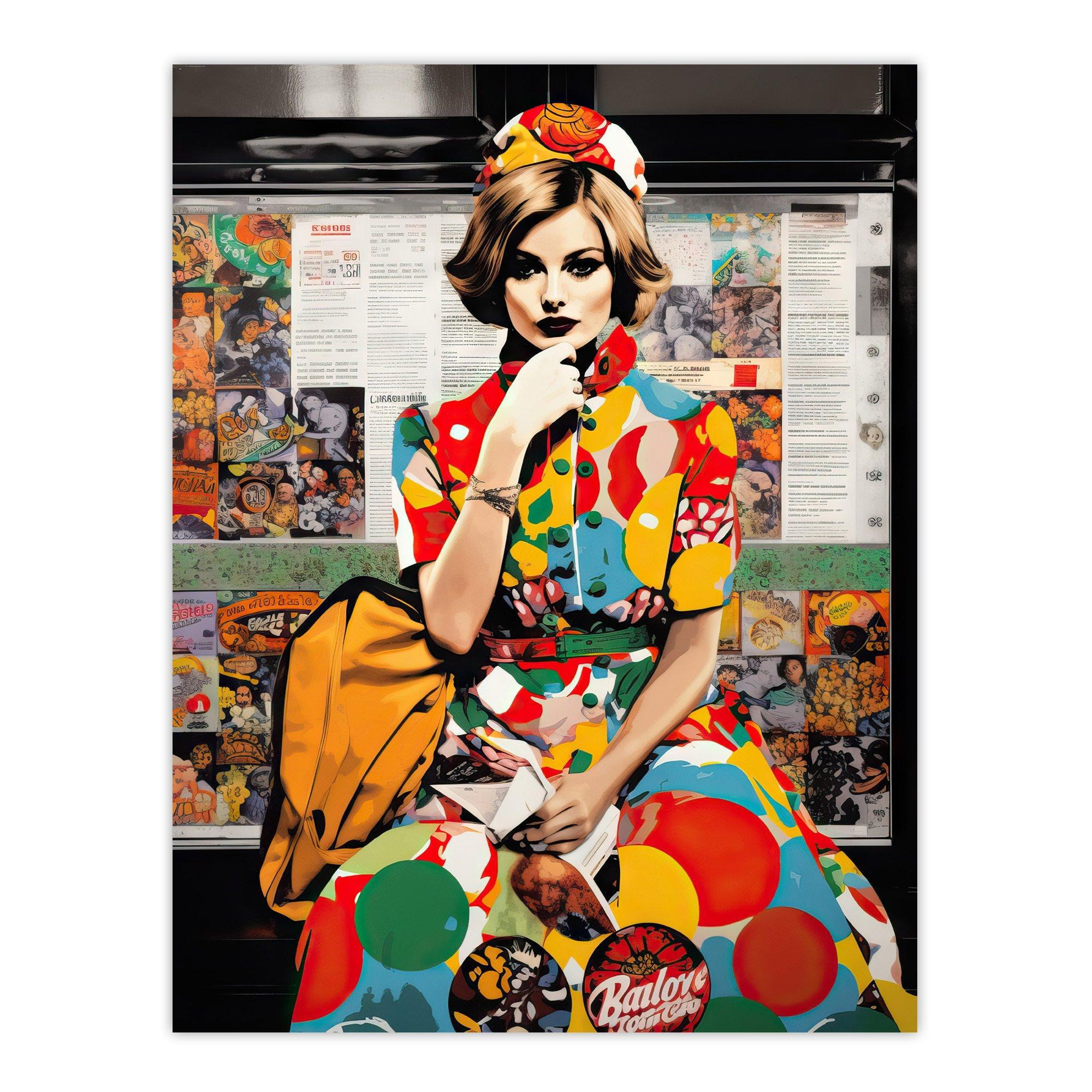 Vintage Meets Pop Art Fashion Advert Collage Artwork Woman In Retro Pattern Dress Bus Stop Train Vibrant Colourful Bold Pop Art Modern Painting Unframed Wall Art Print Poster Home Decor Premium - image 1
