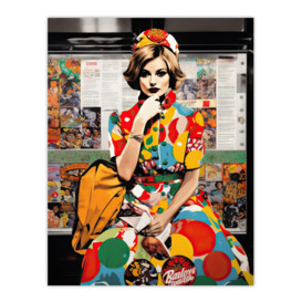 Vintage Meets Pop Art Fashion Advert Collage Artwork Woman In Retro Pattern Dress Bus Stop Train Vibrant Colourful Bold Pop Art Modern Painting Unframed Wall Art Print Poster Home Decor Premium - thumbnail 1