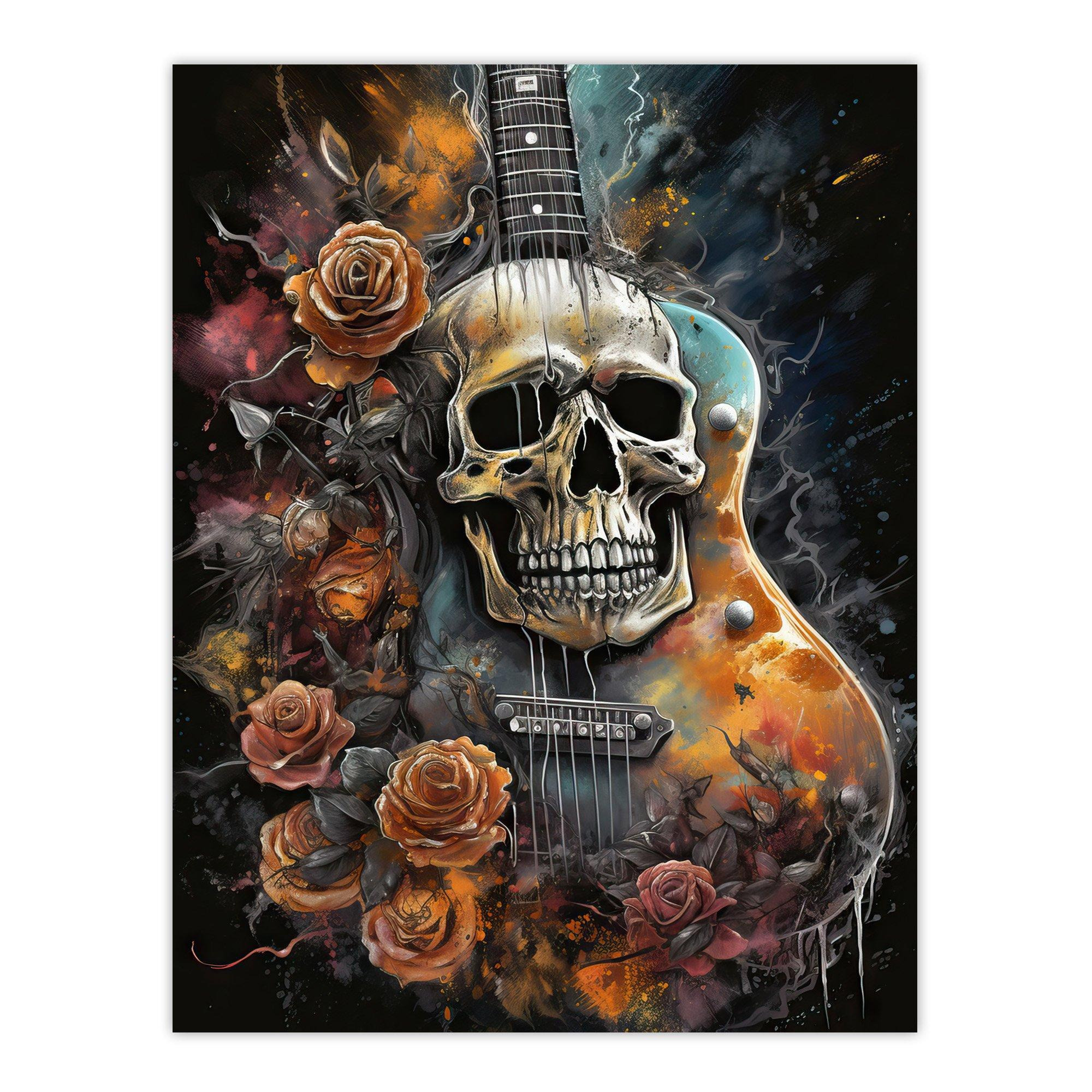 Guitar With Roses And Skull Conceptual Painting Electric Floral Melodic Metal Unframed Wall Art Print Poster Home Decor Premium - image 1