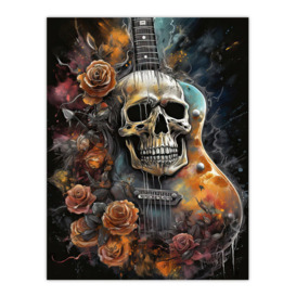 Guitar With Roses And Skull Conceptual Painting Electric Floral Melodic Metal Unframed Wall Art Print Poster Home Decor Premium