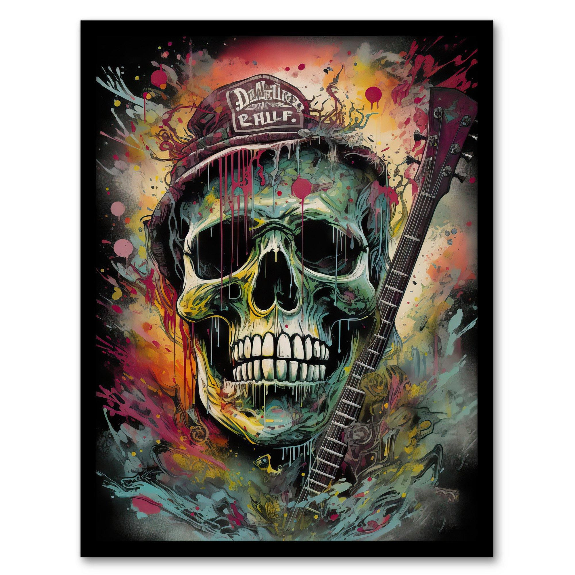Hillbilly Music Artwork Rockabilly Country Metal Skull With Electric Guitar Vibrant Painting Art Print Framed Poster Wall Decor - image 1