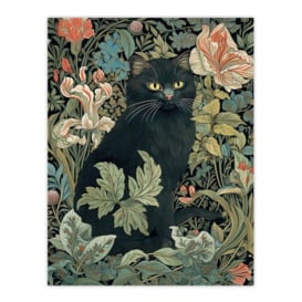 Black Cat In Flower Garden Blooms Teal Green Pink Art Nouveau Style Floral Painting Unframed Wall Art Print Poster Home Decor Premium