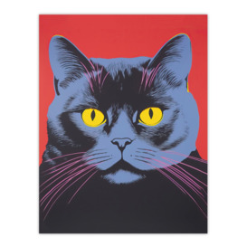 Wall Art Print Purple British Shorthair Cat Bold Vibrant Screen Coral Pink Yellow Risograph Artwork Spot Block Colour Duotone Retro Riso Interior Design Poster