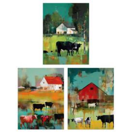 Set of 3 The Farm Grazing Cattle Cows Green Brown Farmer Landscape Painting Unframed Wall Art Living Room Poster Prints Pack - thumbnail 1