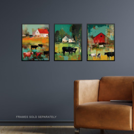 Set of 3 The Farm Grazing Cattle Cows Green Brown Farmer Landscape Painting Unframed Wall Art Living Room Poster Prints Pack - thumbnail 2