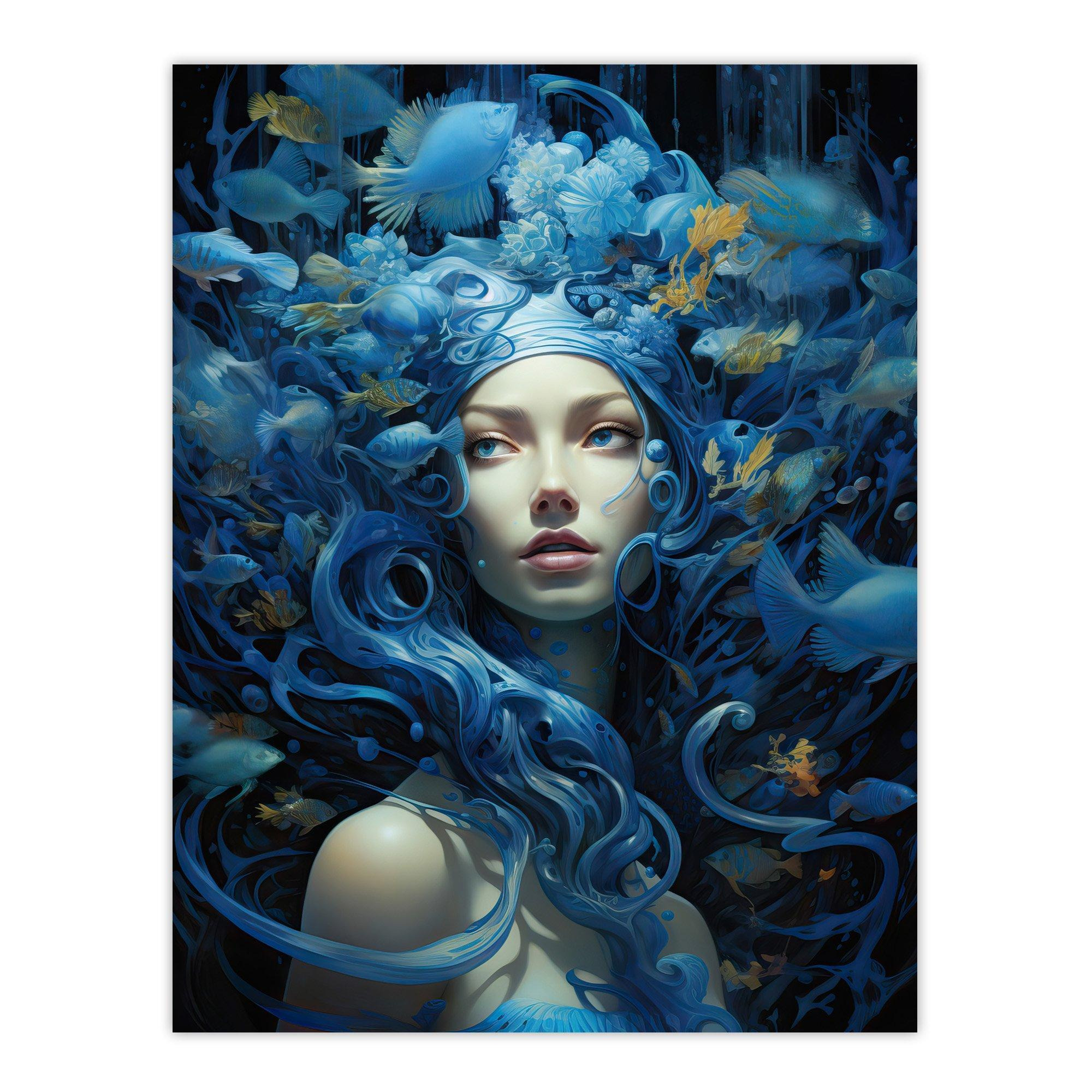 Goddess Of The Sea Mermaid Lore Concept Striking Artwork In Blue Extra Large XL Unframed Wall Art Poster Print - image 1