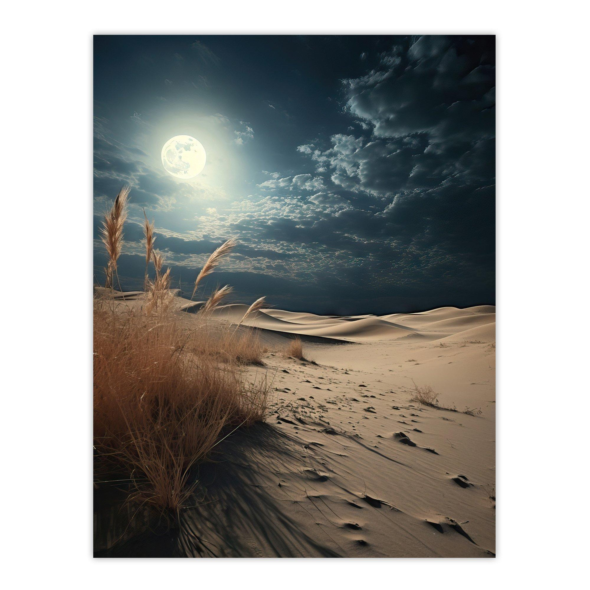 Windswept Seaside Sand Dunes Under A Full Moon Reeds In Moonlight Photograph Extra Large XL Unframed Wall Art Poster Print - image 1
